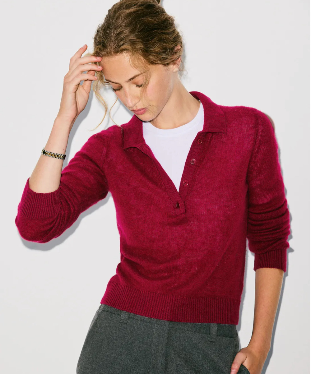 Naadam Burgundy Polo Sweater XS Wool Cashmere Cropped Soft Designer Preppy $300
